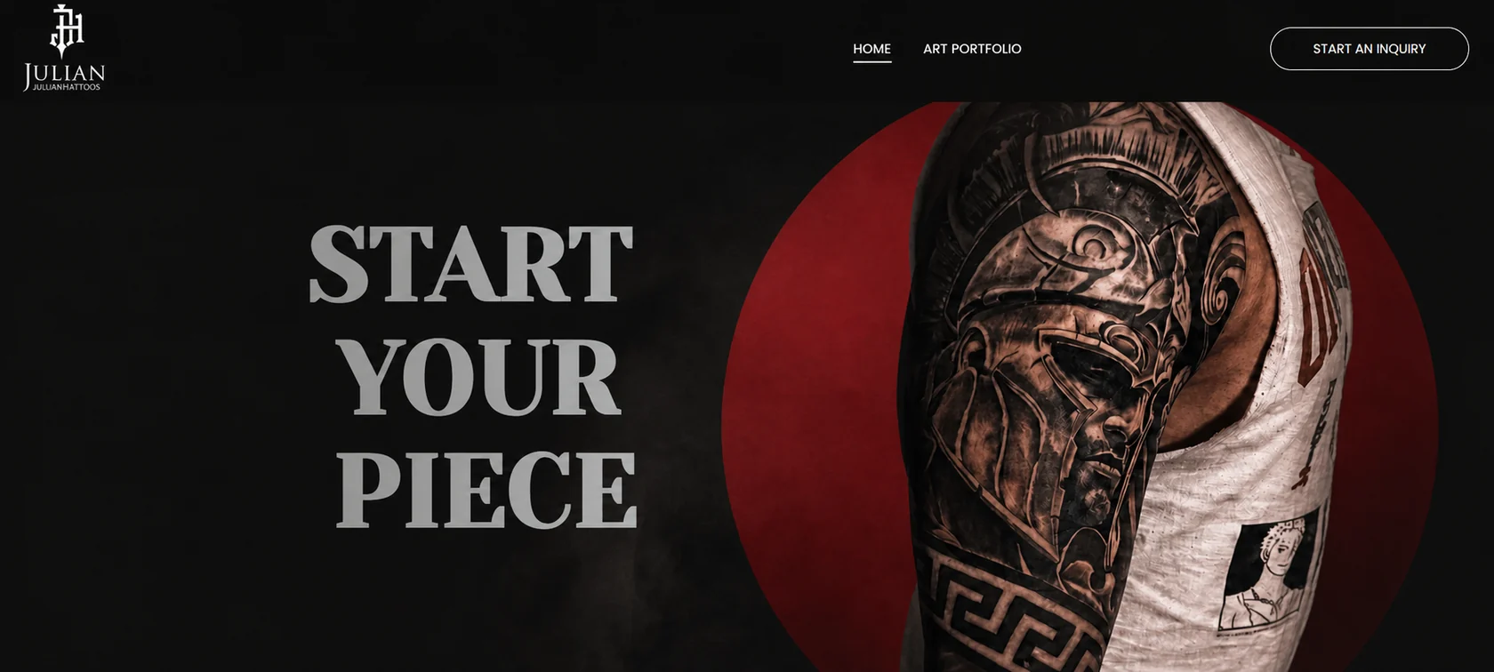 Live Julian Tattoos website homepage with the headline Start Your Piece and an inquiry call to action.